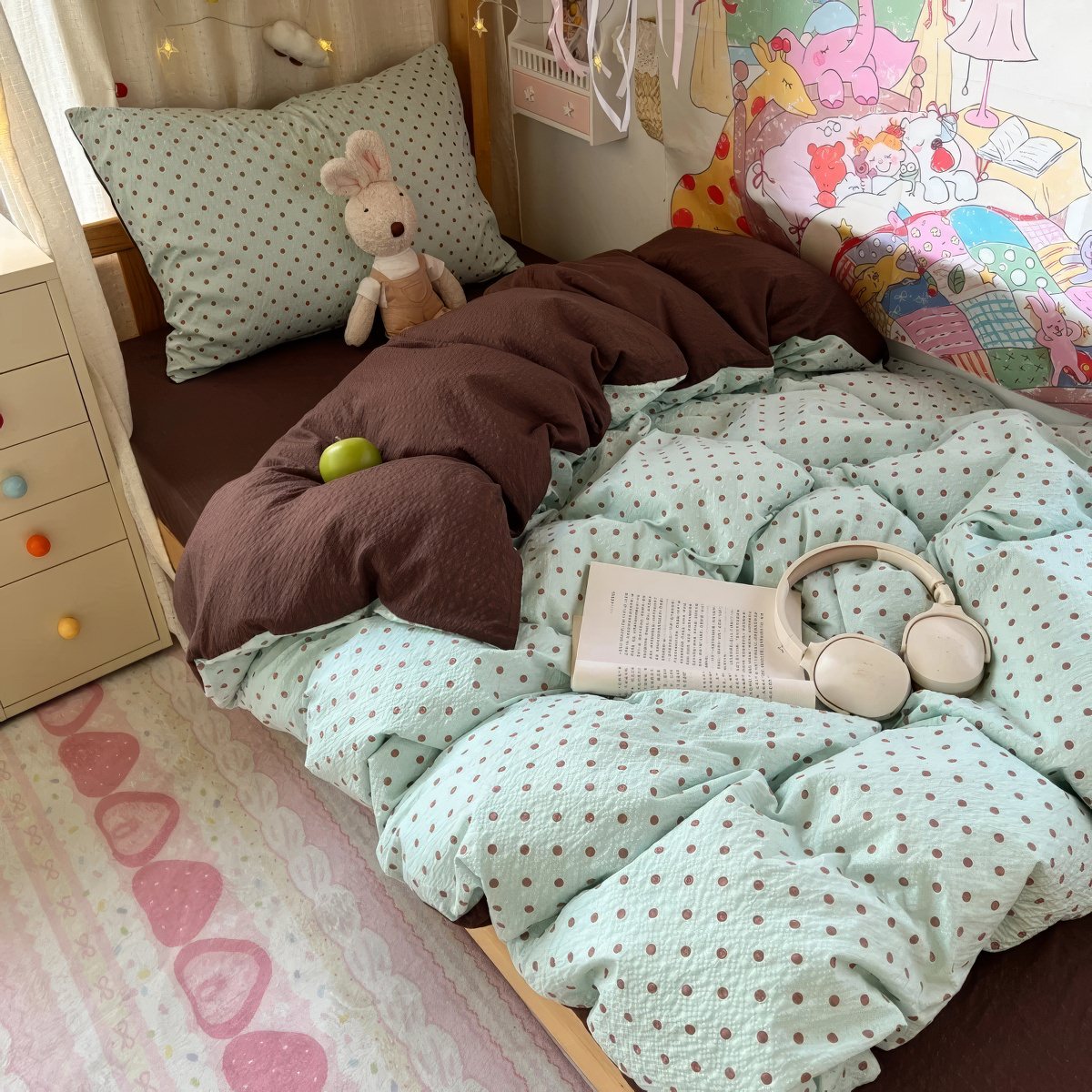 Mint Green Brown Polka Dot Bedding Set