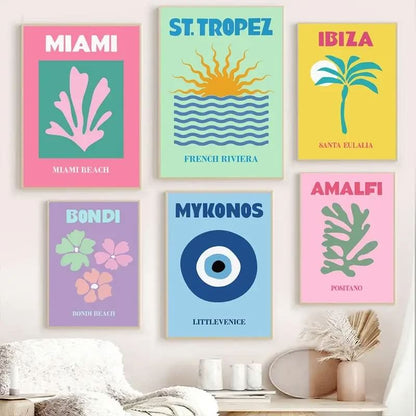 Pastellfarbene Leinwandposter mit Preppy Cities-Motiven