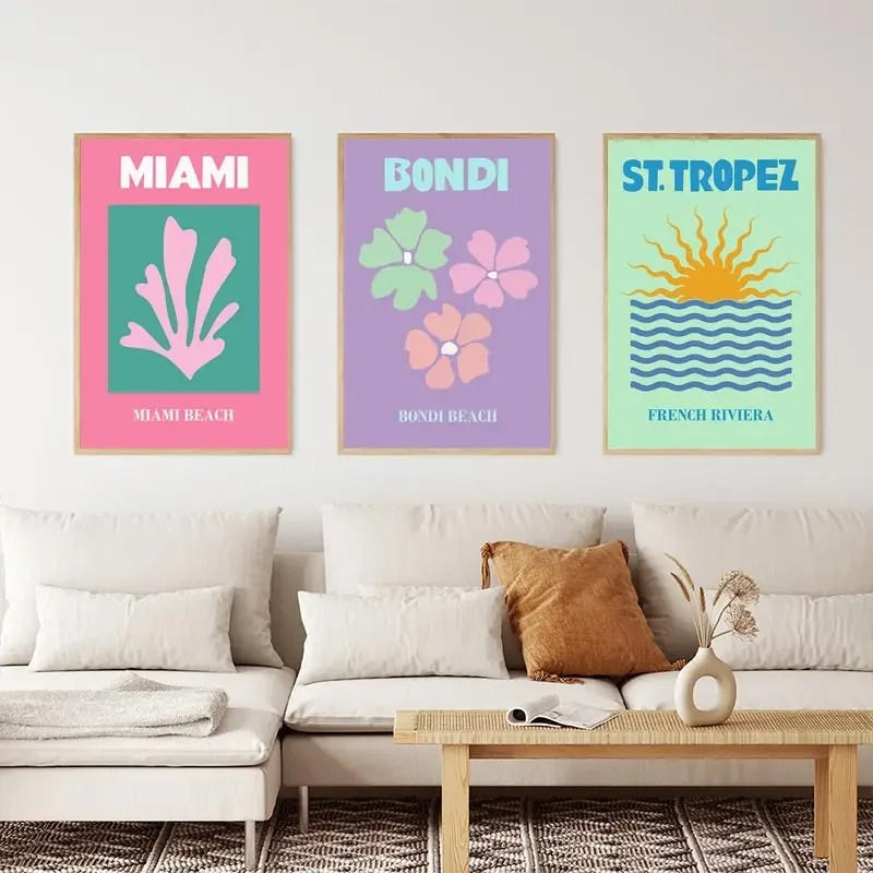 Pastellfarbene Leinwandposter mit Preppy Cities-Motiven