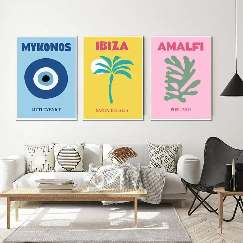 Pastellfarbene Leinwandposter mit Preppy Cities-Motiven