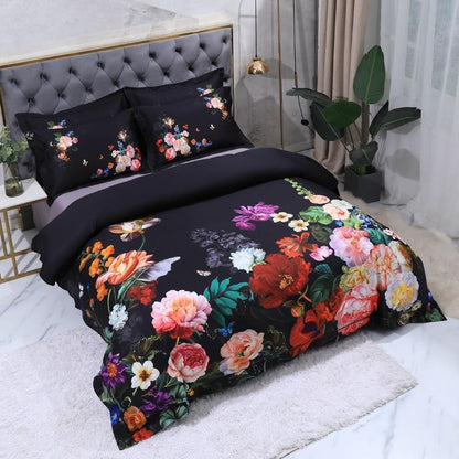 Aida Black Luxury Floral Egyptian Cotton Bedding Set