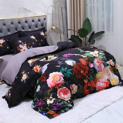 Aida Black Luxury Floral Egyptian Cotton Bedding Set