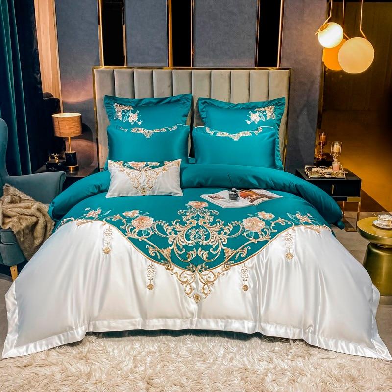 Domitia Turquoise Embroidery Egyptian Cotton Bedding Set