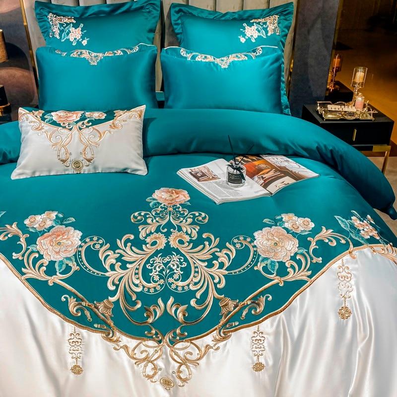 Domitia Turquoise Embroidery Egyptian Cotton Bedding Set