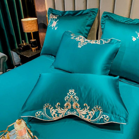 Domitia Turquoise Embroidery Egyptian Cotton Bedding Set