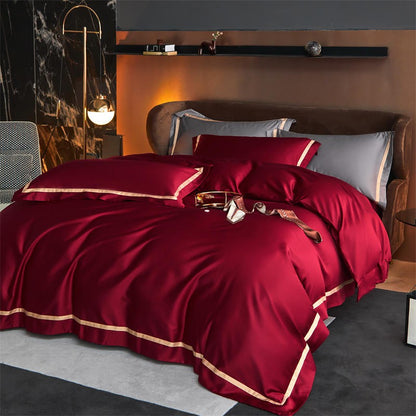 Karine Royal Burgundy Modern Stripe Border Egyptian Cotton Bedding Set
