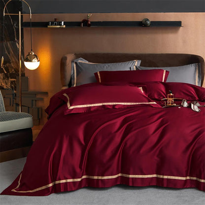 Karine Royal Burgundy Modern Stripe Border Egyptian Cotton Bedding Set