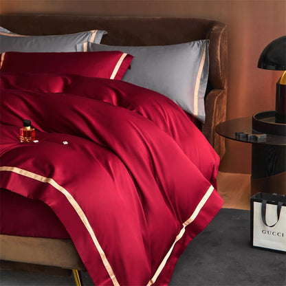 Karine Royal Burgundy Modern Stripe Border Egyptian Cotton Bedding Set