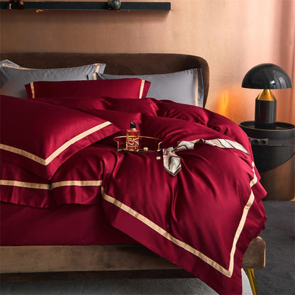 Karine Royal Burgundy Modern Stripe Border Egyptian Cotton Bedding Set