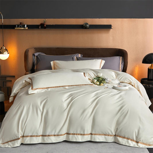 Karine Alabaster Ivory Modern Stripe Border Egyptian Cotton Bedding Set Bedding Bedding set Color_White Cover Duvet King size bedding Material_Egyptian Cotton Queen size bedding set Size_Double Size_King Size_Queen Thread Count_1000TC
