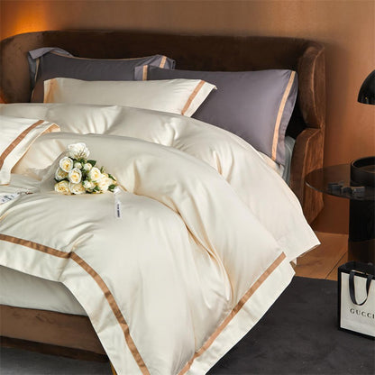 Karine Alabaster Ivory Modern Stripe Border Egyptian Cotton Bedding Set