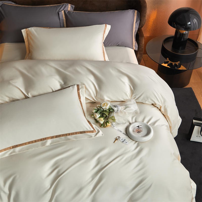 Karine Alabaster Ivory Modern Stripe Border Egyptian Cotton Bedding Set
