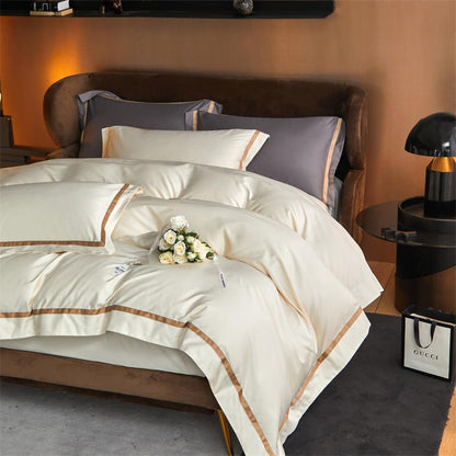 Karine Alabaster Ivory Modern Stripe Border Egyptian Cotton Bedding Set