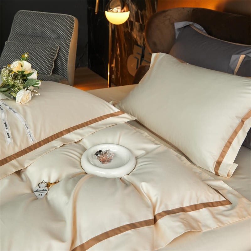 Karine Alabaster Ivory Modern Stripe Border Egyptian Cotton Bedding Set