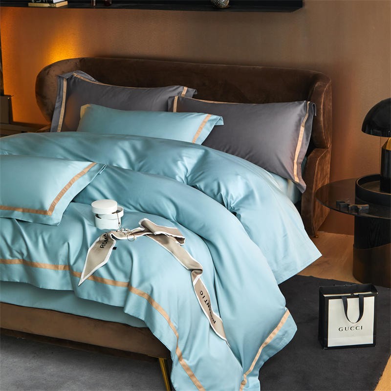 Karine Seafoam Blue Modern Stripe Border Egyptian Cotton Bedding Set