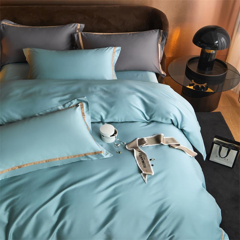 Karine Seafoam Blue Modern Stripe Border Egyptian Cotton Bedding Set