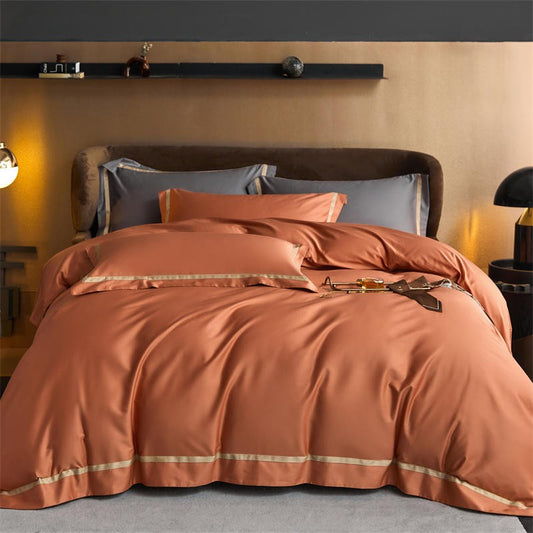 Karine Desert Terracotta Modern Stripe Border Egyptian Cotton Bedding Set Bedding Bedding set Color_Orange Cover Duvet King size bedding Material_Egyptian Cotton Queen size bedding set Size_Double Size_King Size_Queen Thread Count_1000TC