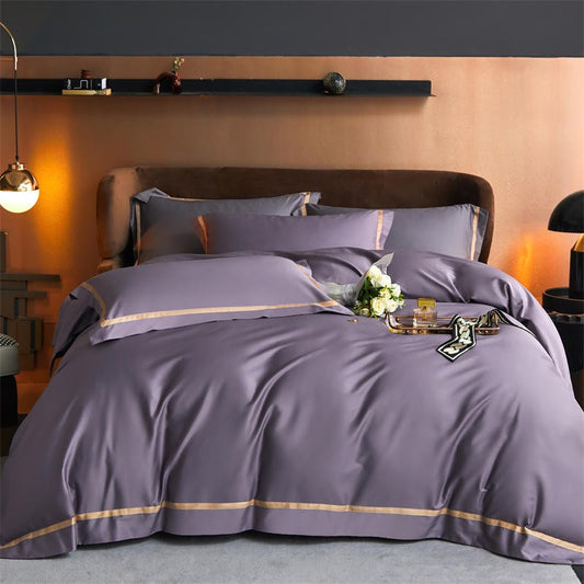 Karine Smoky Lavender Modern Stripe Border Egyptian Cotton Bedding Set Bedding Bedding set Color_Purple Cover Duvet King size bedding Material_Egyptian Cotton Queen size bedding set Size_Double Size_King Size_Queen Thread Count_1000TC