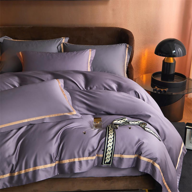 Karine Smoky Lavender Modern Stripe Border Egyptian Cotton Bedding Set