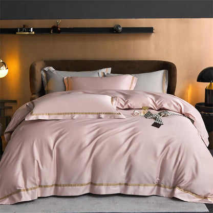 Karine Pink Pearl Modern Stripe Border Egyptian Cotton Bedding Set