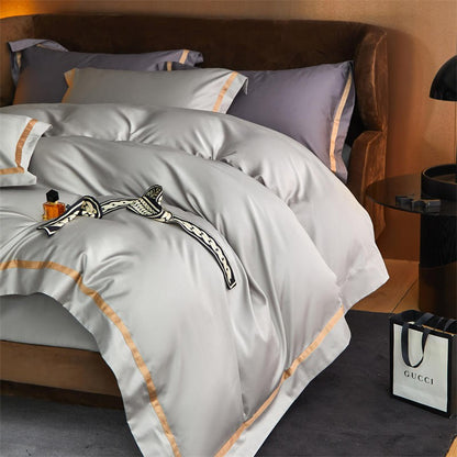 Karine Silver Charm Modern Stripe Border Egyptian Cotton Bedding Set
