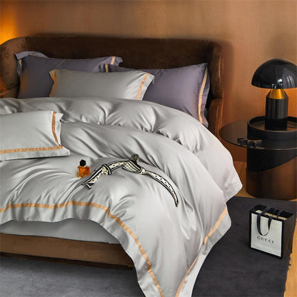 Karine Silver Charm Modern Stripe Border Egyptian Cotton Bedding Set