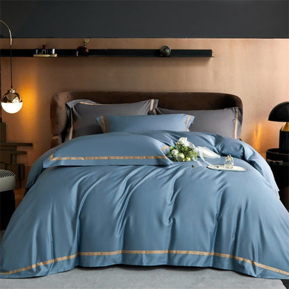 Karine Brittany Blue Modern Stripe Border Egyptian Cotton Bedding Set