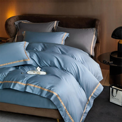 Karine Brittany Blue Modern Stripe Border Egyptian Cotton Bedding Set