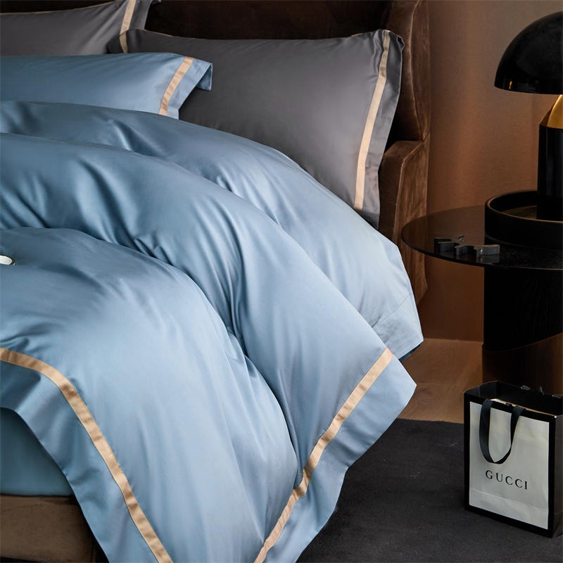 Karine Brittany Blue Modern Stripe Border Egyptian Cotton Bedding Set