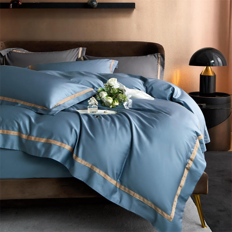 Karine Brittany Blue Modern Stripe Border Egyptian Cotton Bedding Set