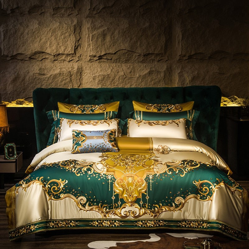 Rosalee Royal Gold And Green Embroidered Egyptian Cotton Bedding Set