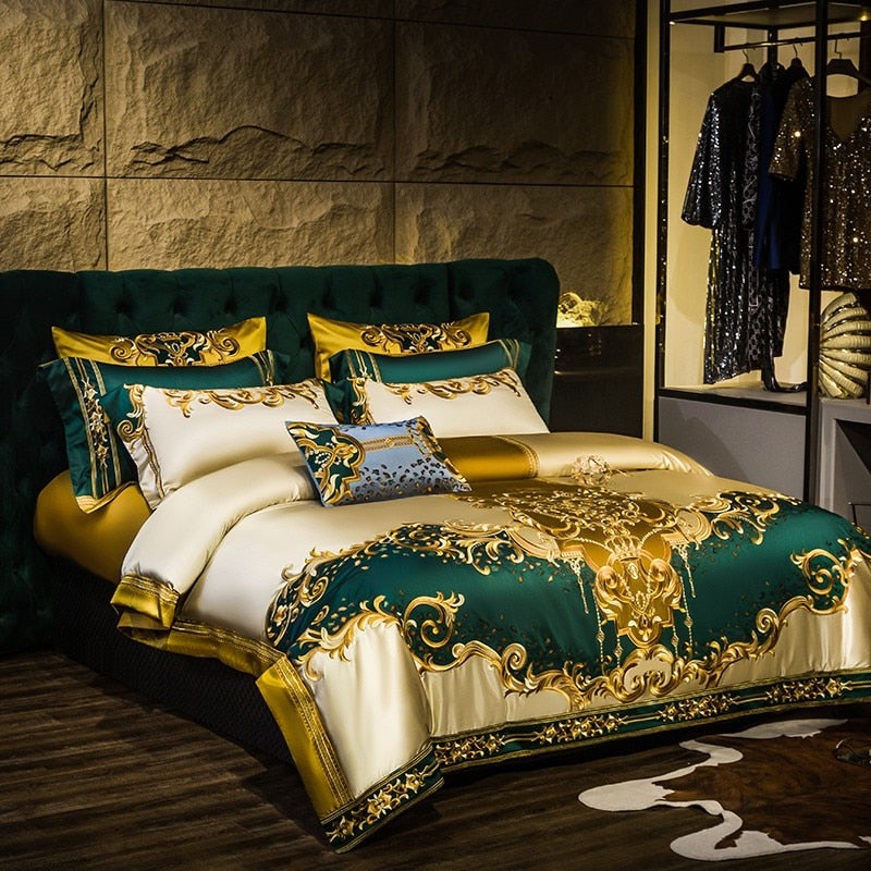 Rosalee Royal Gold And Green Embroidered Egyptian Cotton Bedding Set