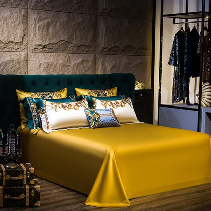 Rosalee Royal Gold And Green Embroidered Egyptian Cotton Bedding Set