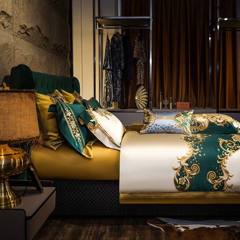 Rosalee Royal Gold And Green Embroidered Egyptian Cotton Bedding Set