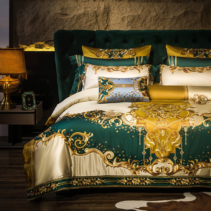 Rosalee Royal Gold And Green Embroidered Egyptian Cotton Bedding Set