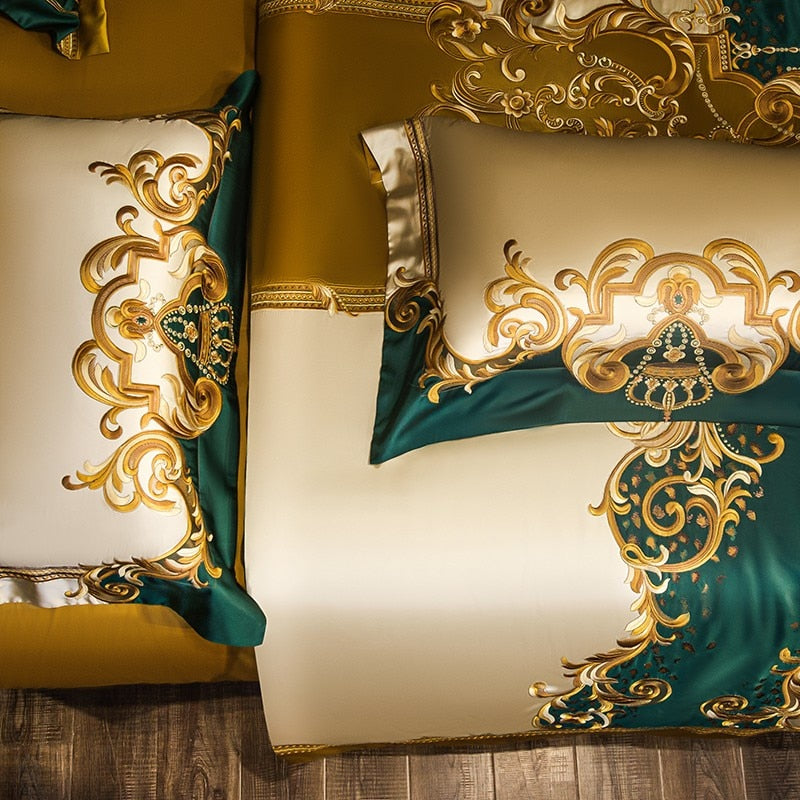 Rosalee Royal Gold And Green Embroidered Egyptian Cotton Bedding Set