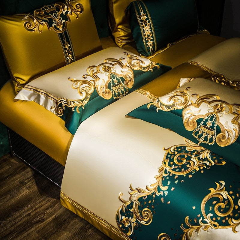Rosalee Royal Gold And Green Embroidered Egyptian Cotton Bedding Set