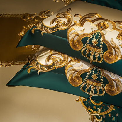 Rosalee Royal Gold And Green Embroidered Egyptian Cotton Bedding Set