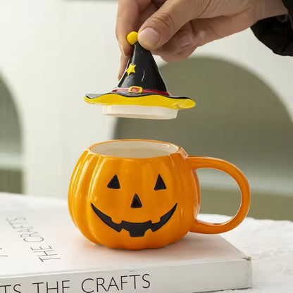 Pumpkin Witch Hat Ceramic Mug with Lid