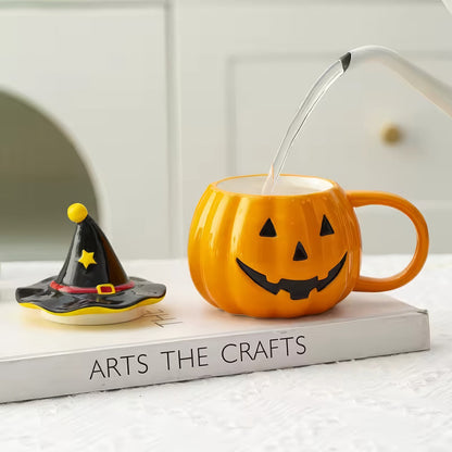 Pumpkin Witch Hat Ceramic Mug with Lid