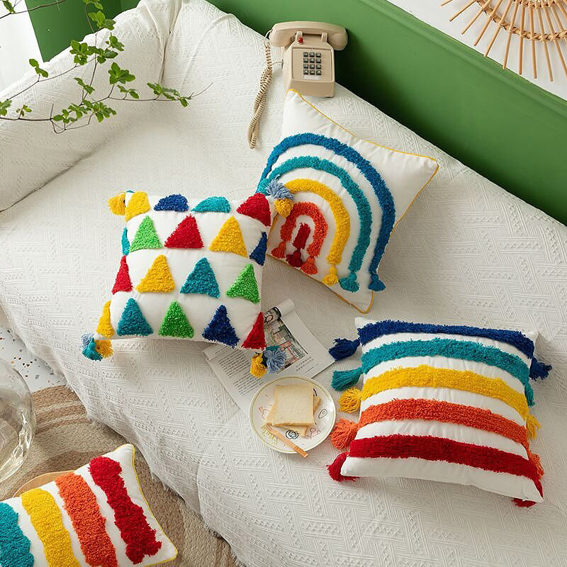 Rainbow Tassels Cushion Cover embroidered rainbow SUB CATEGORY_Cushion Covers