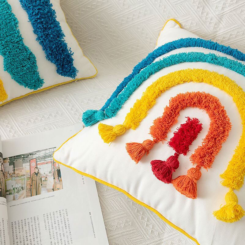 Rainbow Tassels Cushion Cover embroidered rainbow SUB CATEGORY_Cushion Covers