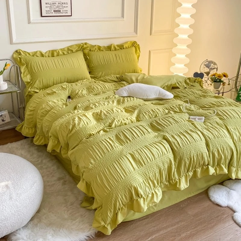 Conjunto de cama fofo Seersucker com babados