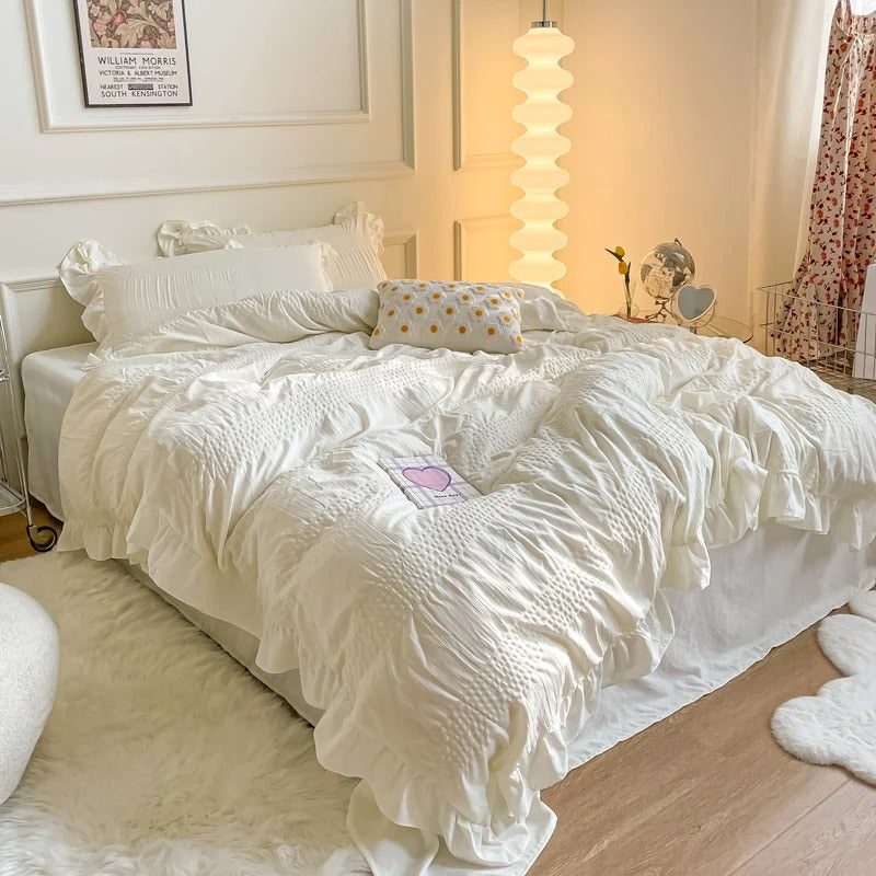 Conjunto de cama fofo Seersucker com babados