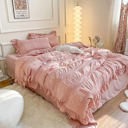 Conjunto de cama fofo Seersucker com babados