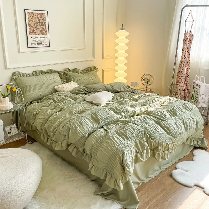 Conjunto de cama fofo Seersucker com babados