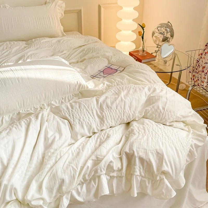 Conjunto de cama fofo Seersucker com babados