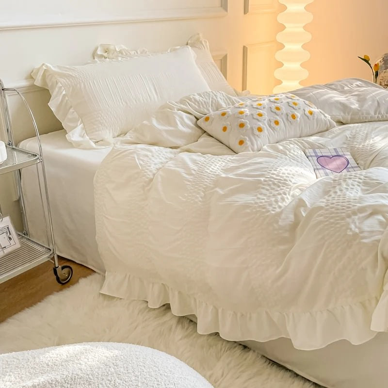 Conjunto de cama fofo Seersucker com babados