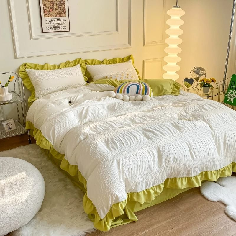 Conjunto de cama fofo Seersucker com babados