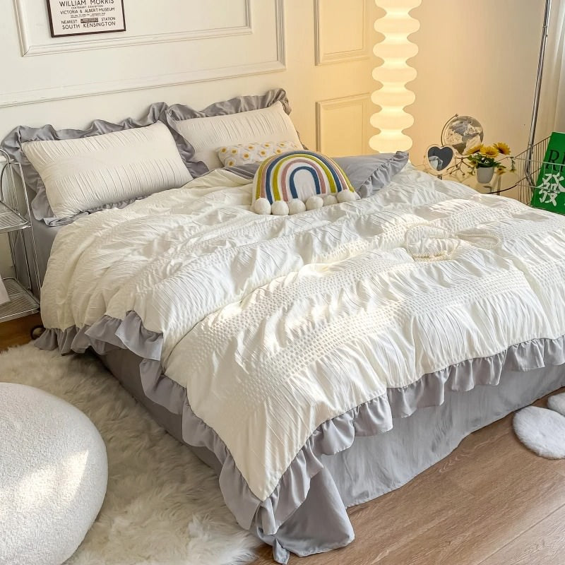 Conjunto de cama fofo Seersucker com babados